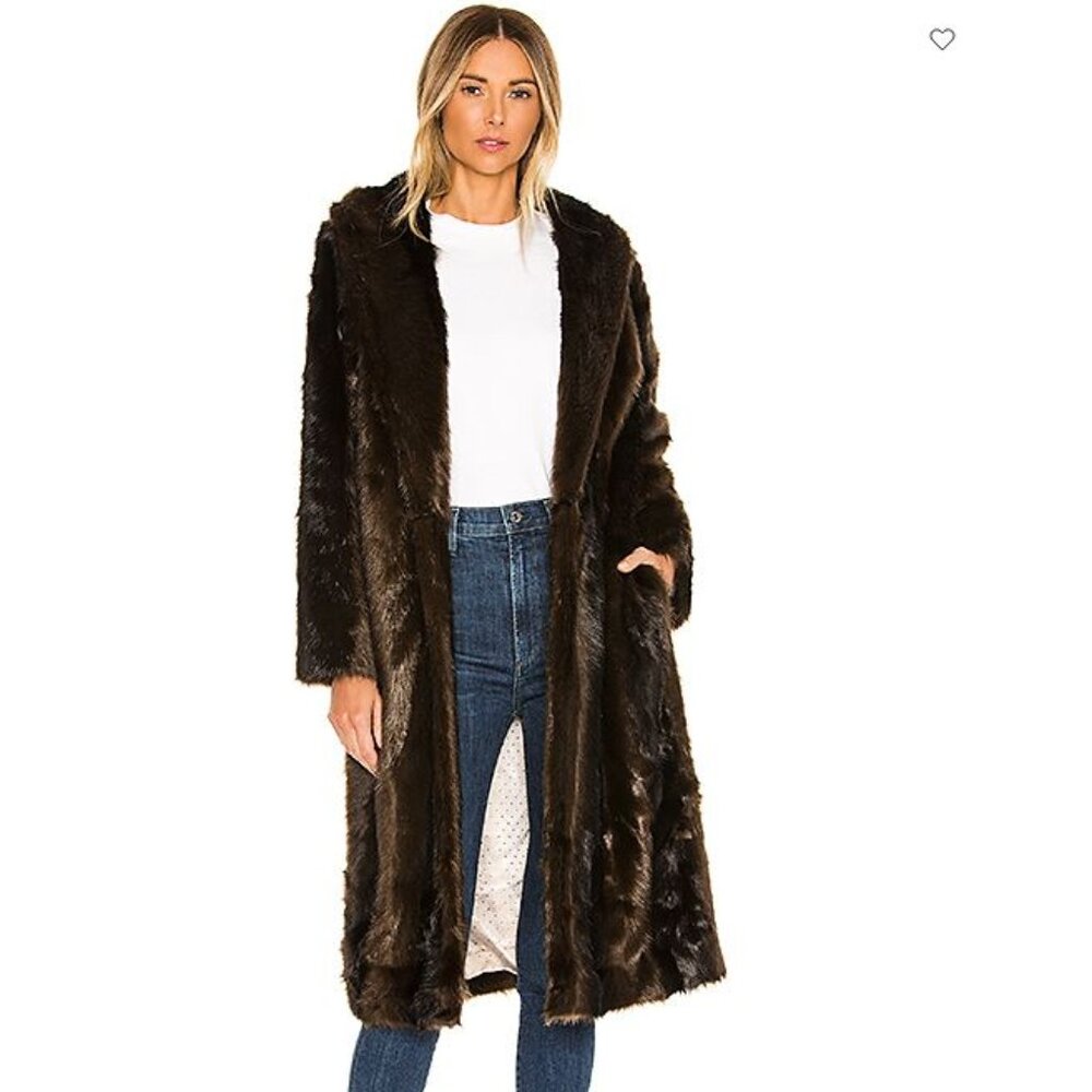 NWT $318 Revolve L'Academie 'The Fleurette' Brown Faux-Fur Belted Coat, SZ M